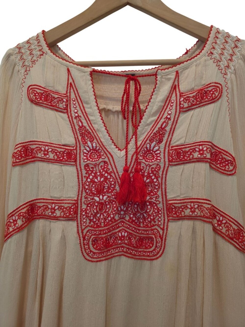 Free People Wind Willow Red Embroidered Ivory Boho Tunic Mini Dress Sz L - Picture 4 of 10